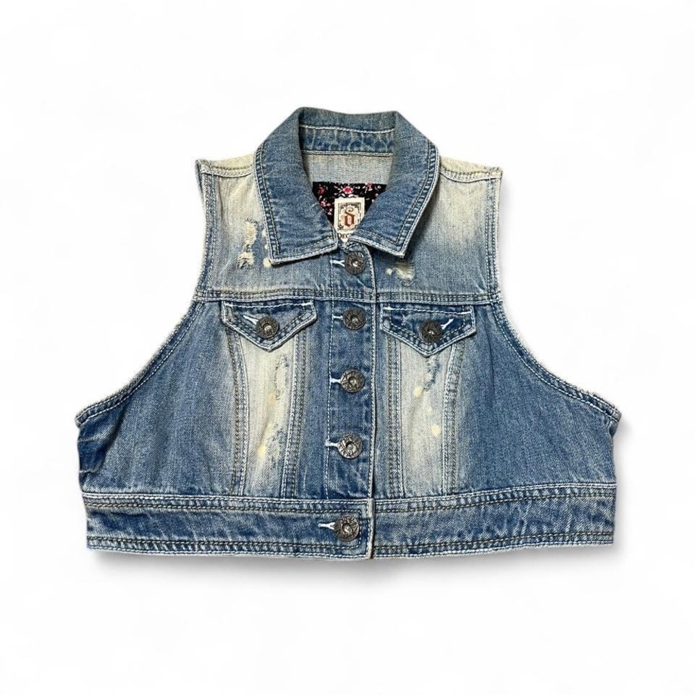 y2k cropped denim vest with de stressing and studded detailing